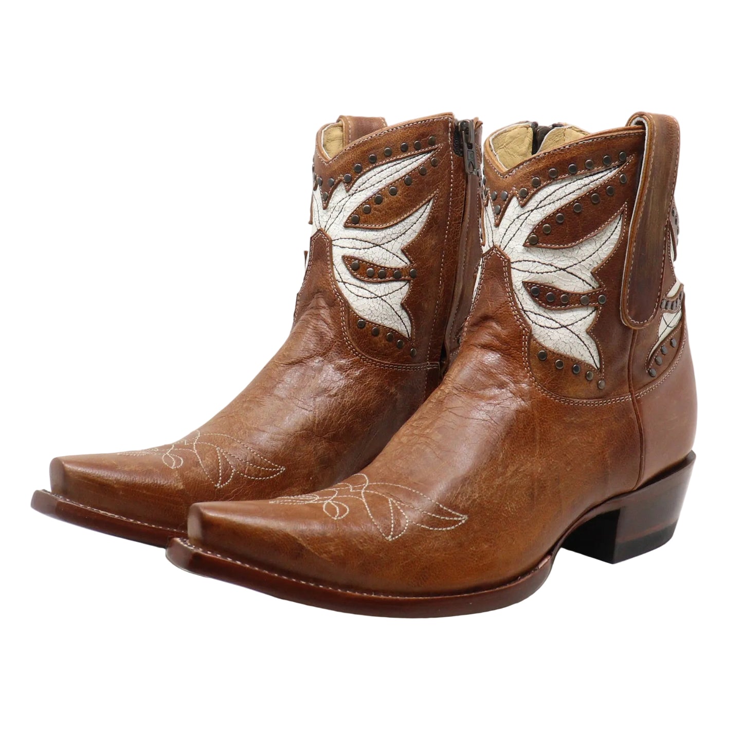 A pair of brown leather cowboy boots with white embroidered wing designs on the shafts and toes, shown against a plain white background.