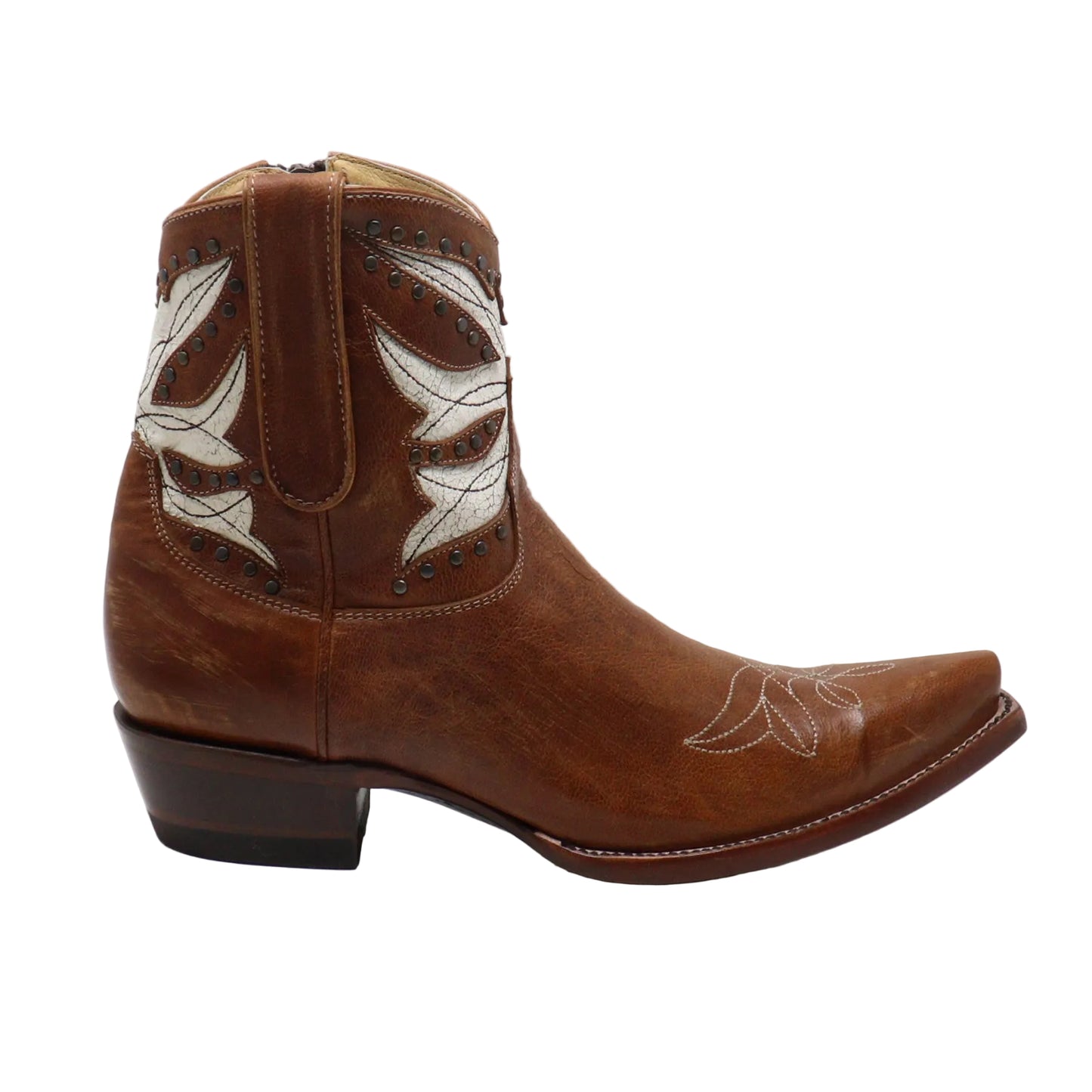A brown leather cowboy boot with white embroidered western patterns and dark brown stacked heels, shown from a side profile on a white studio background.