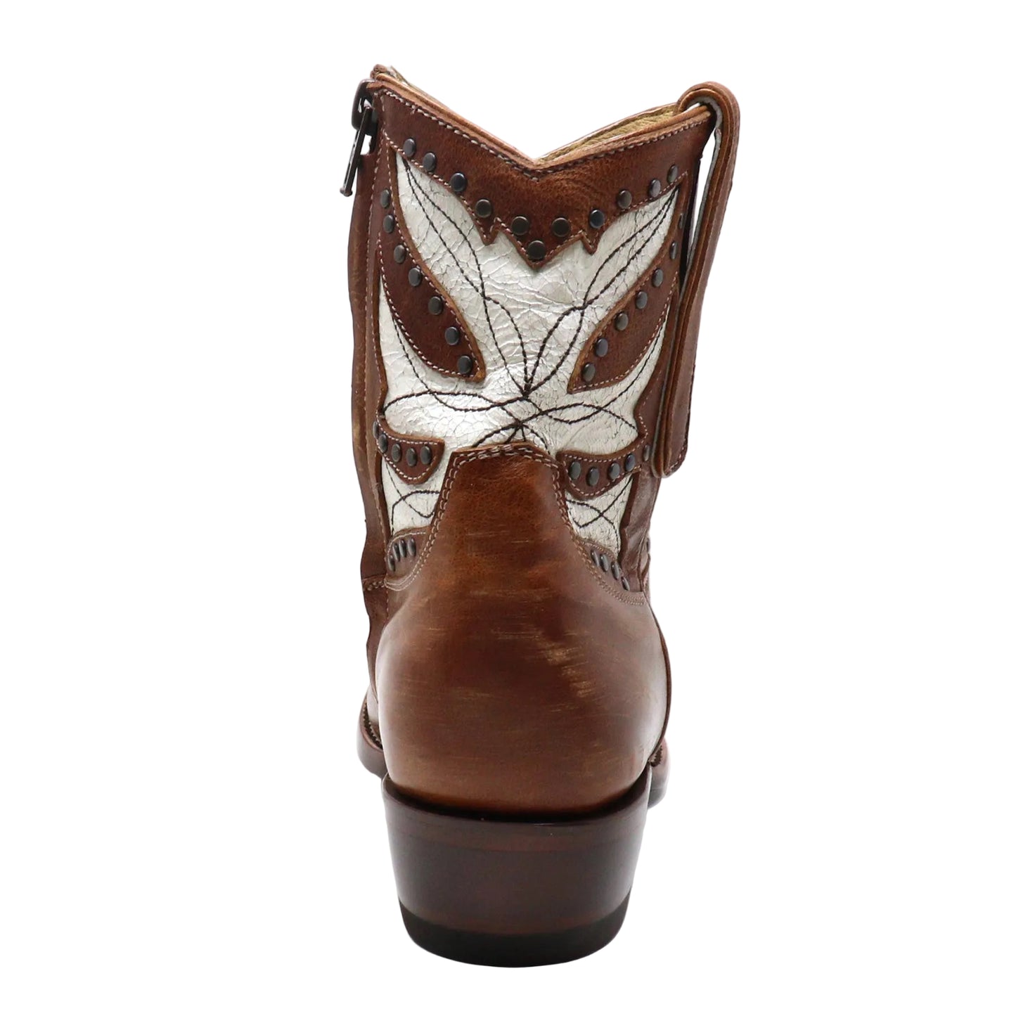 A brown leather cowboy boot shown from the back, featuring a white leather wing-shaped inlay with black embroidered details and dark metal studs.