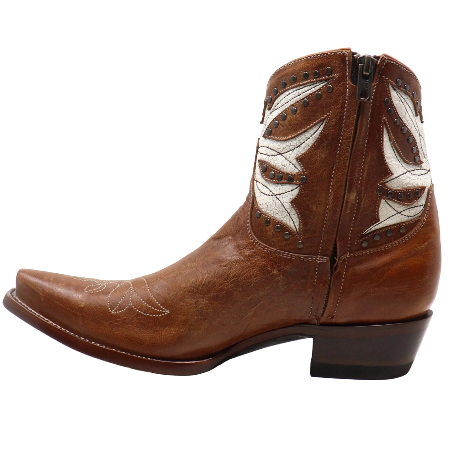 A brown leather western ankle boot with white embroidered details, a pointed toe, and a side zipper, shown in profile against a white background.