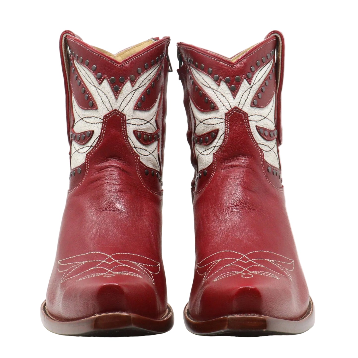 A pair of red leather cowboy boots with white embroidered floral patterns on the shafts, shown from the front against a white background.