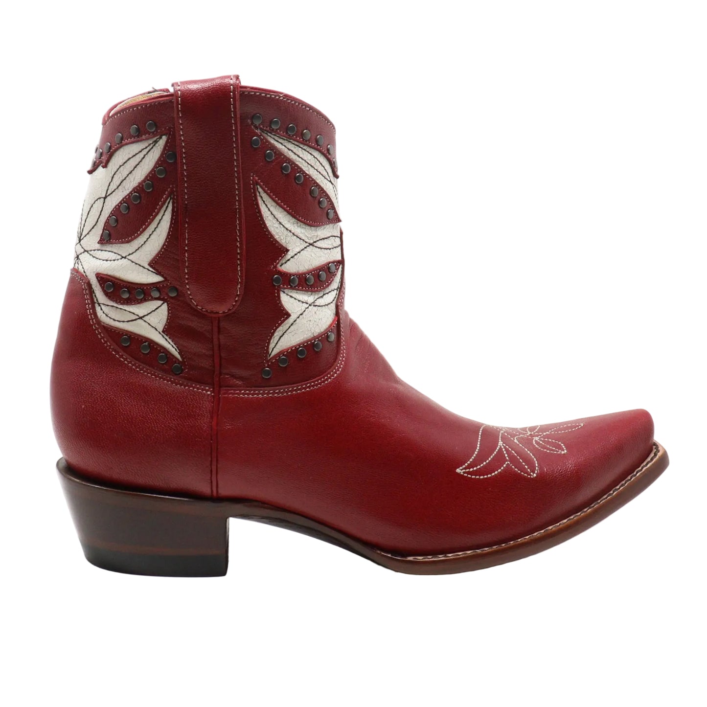 A single red leather western ankle boot with white embroidered leaf patterns and dark metal studs on the shaft, shown in profile against a white background.