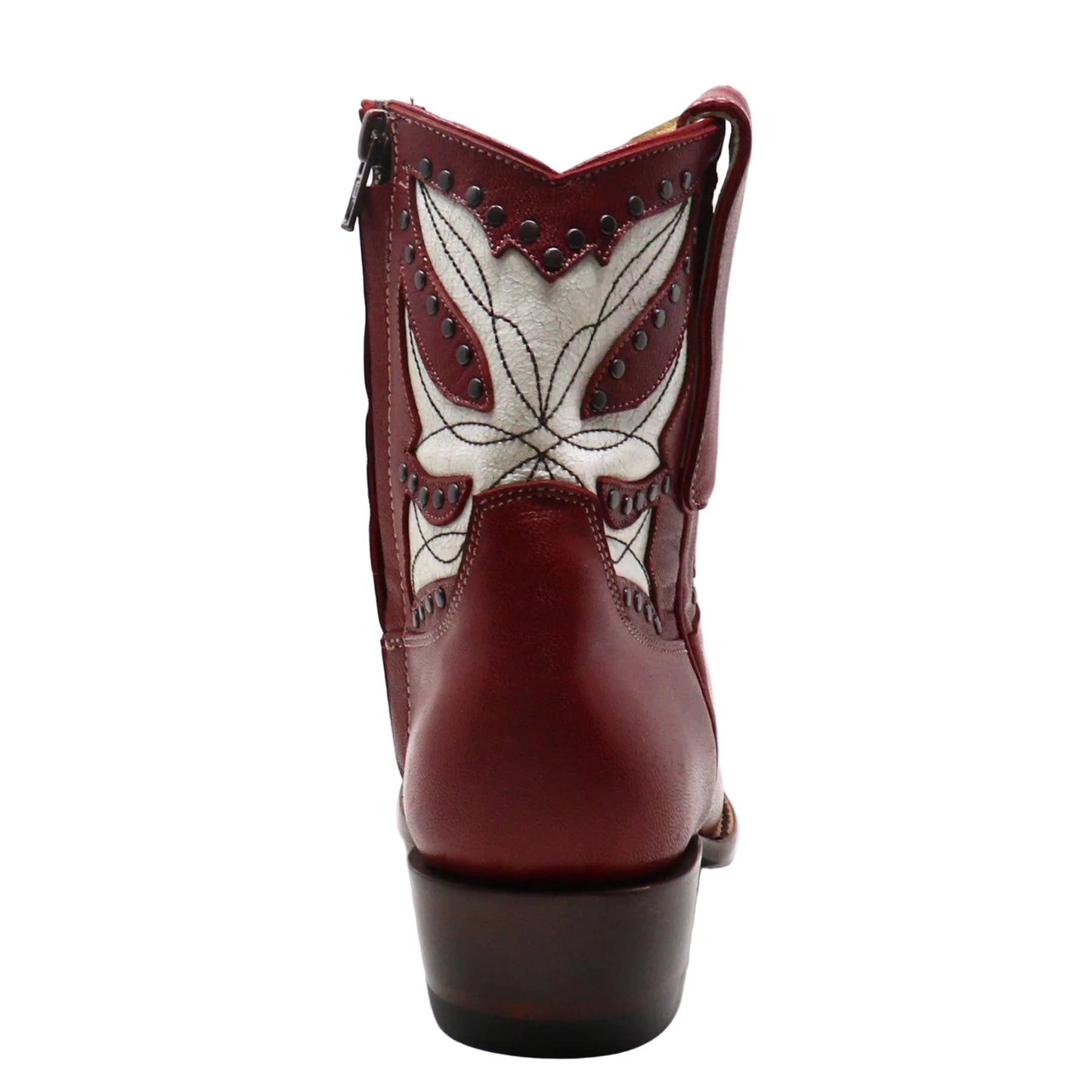 A single burgundy leather cowboy boot shown from the back, featuring a white embroidered butterfly design with black outlines and dark metal studs on the shaft, set against a plain white background.