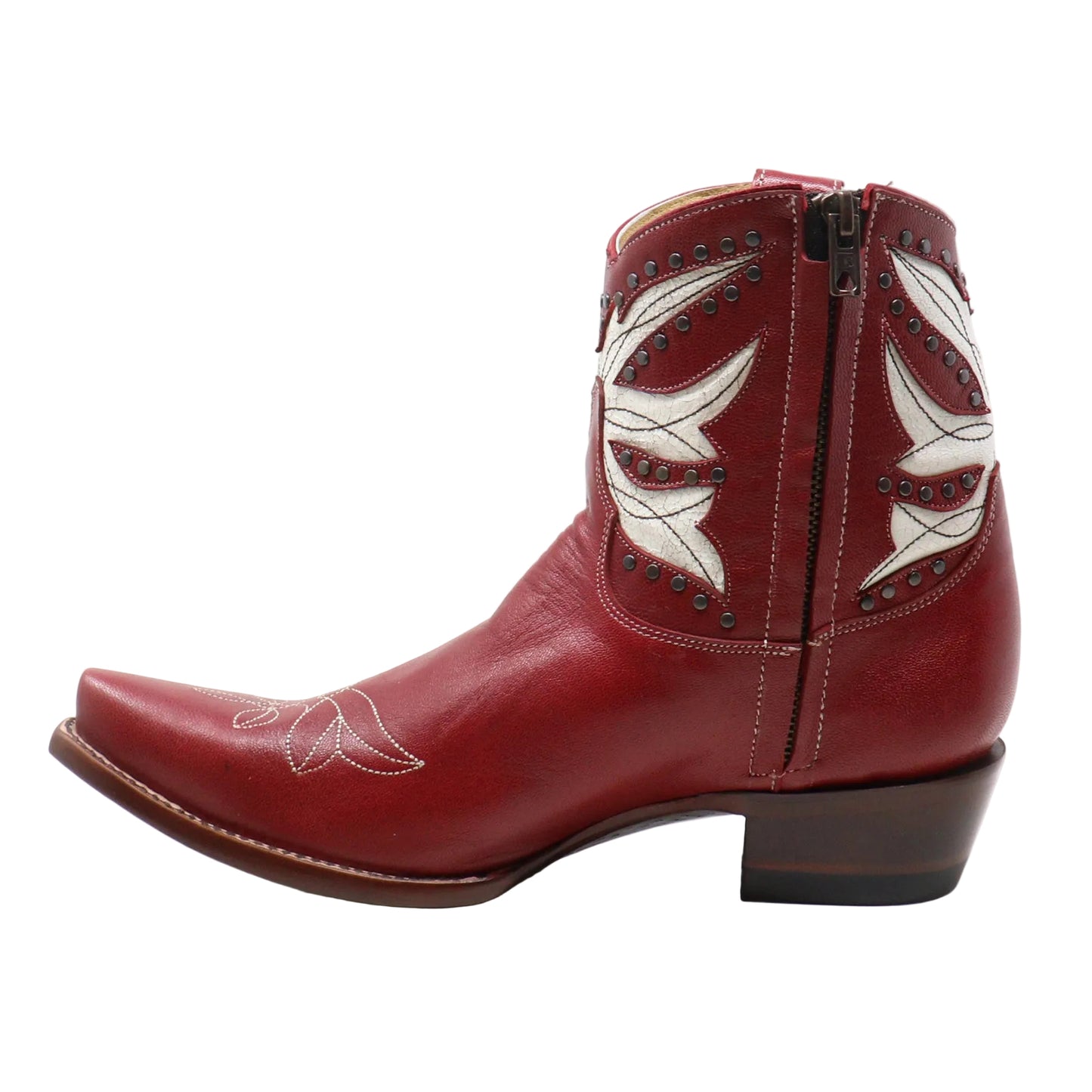 A single red leather cowboy boot with white embroidered western patterns and dark metal studs, shown from a side profile on a white background.