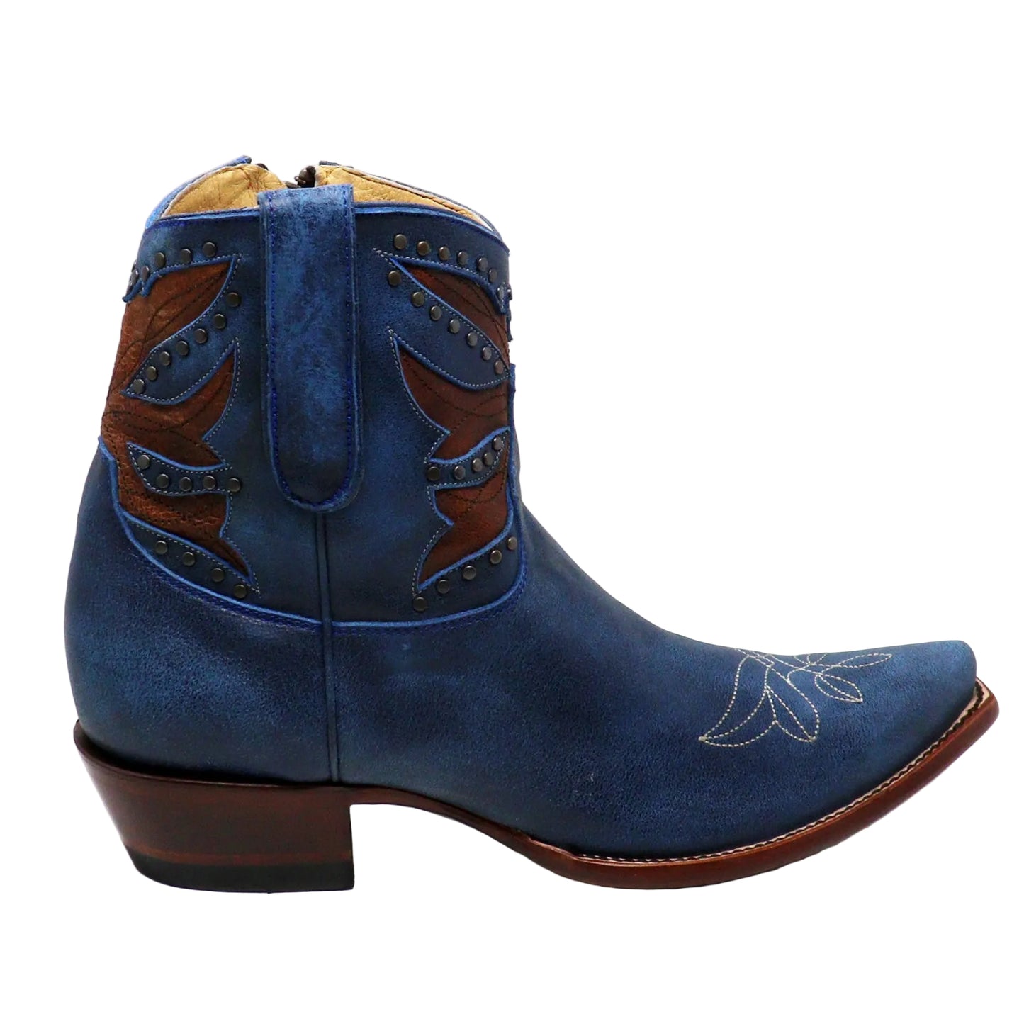 A blue western boot with brown leather embroidered details, studded accents, and a stacked brown heel, shown from a side profile on a white background.