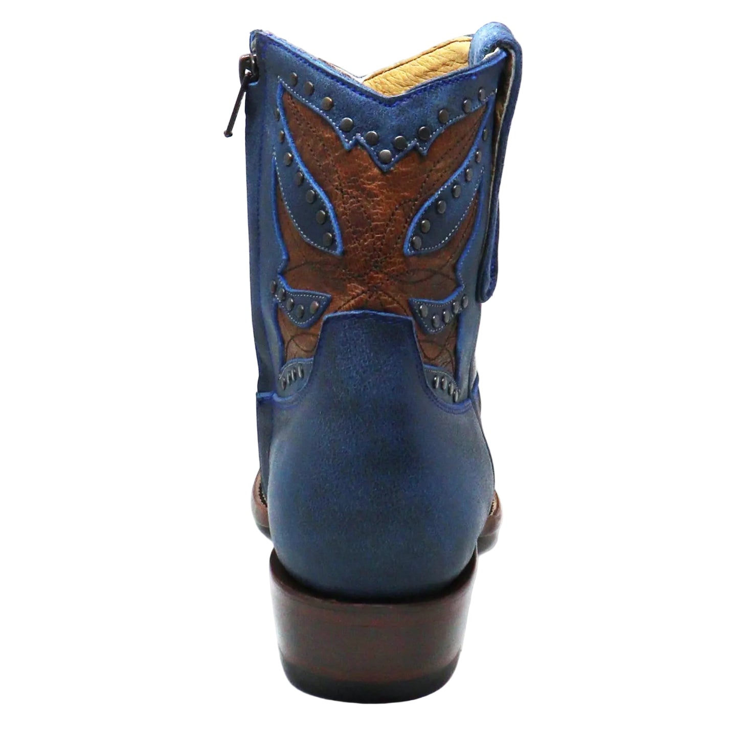 A blue leather western boot shown from the back, featuring a brown leather embroidered star design with blue studs and a side zipper.