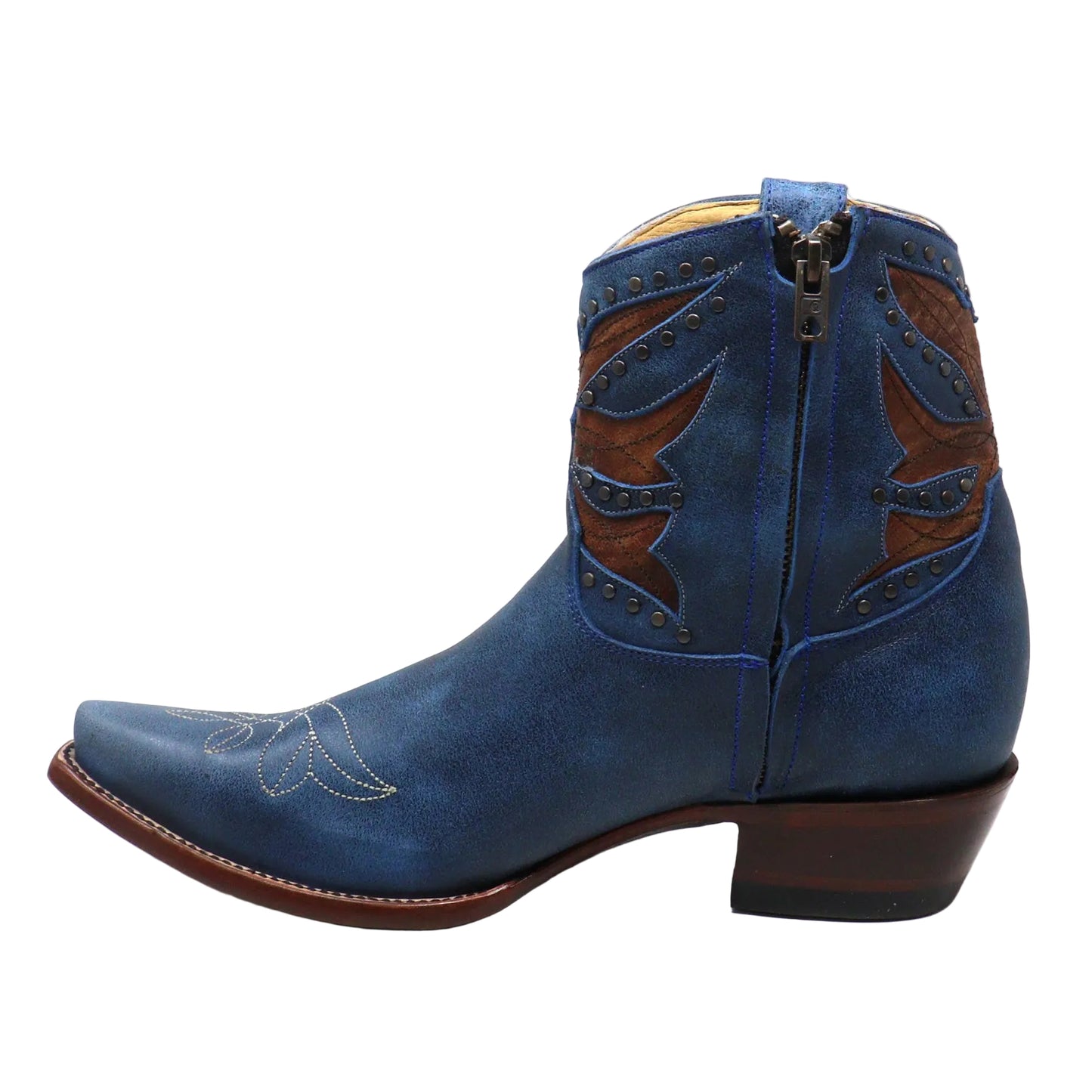A single blue leather cowboy boot with brown western-style embroidery and a side zipper, shown in profile against a white background.
