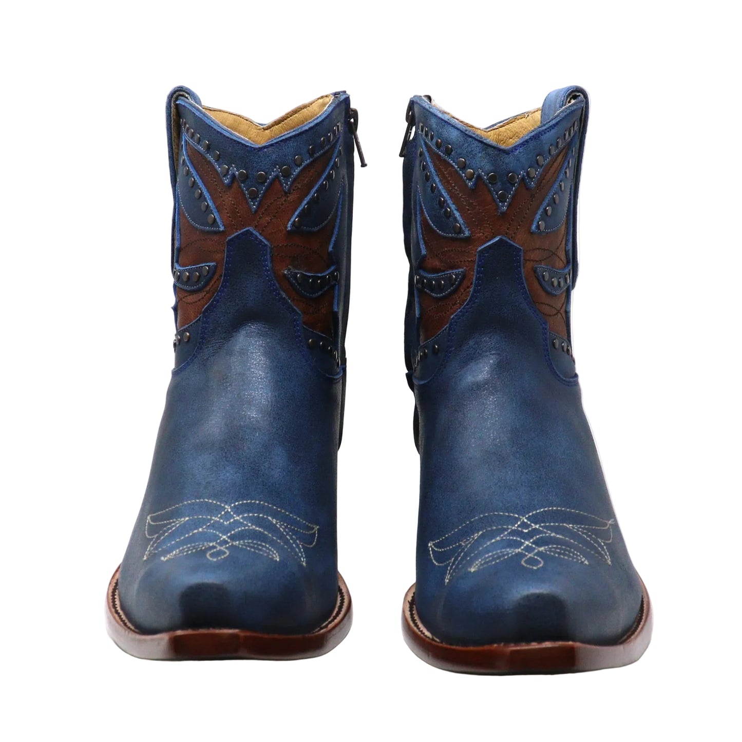 A pair of blue leather cowboy boots with brown leather decorative panels and white stitching, shown from the front on a white background.