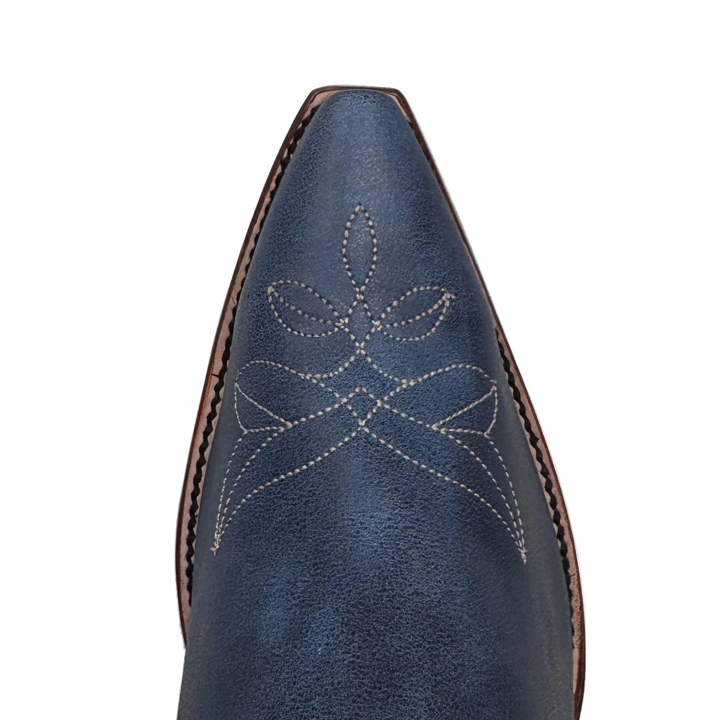 Close-up of a pointed-toe western boot in dark blue leather with decorative white stitching on the vamp, shown against a plain white background.
