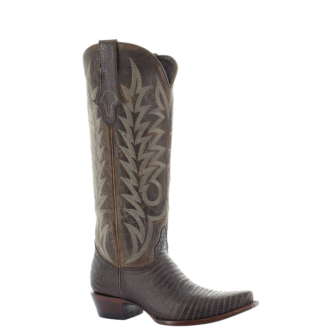 Brown cowboy boot with detailed pattern on a white background