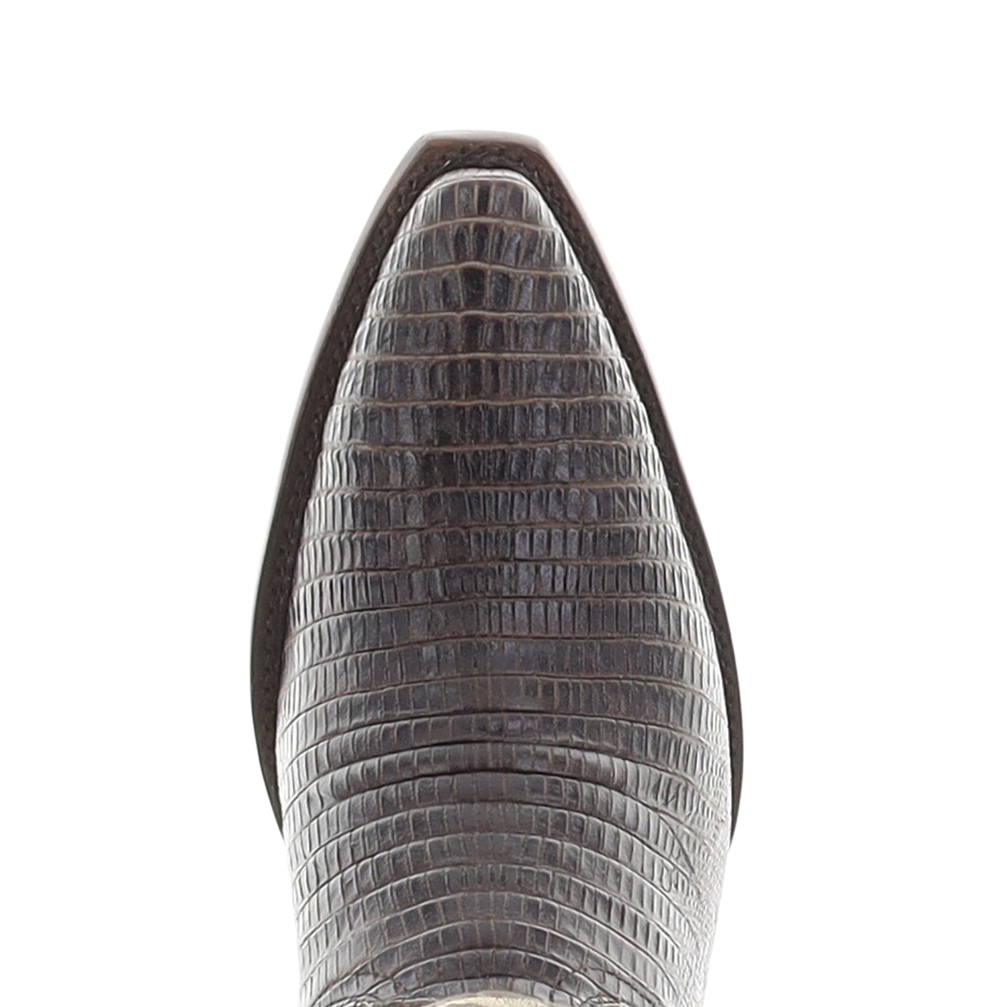 Close-up of a boot with a snip toe and textured sole on a white background