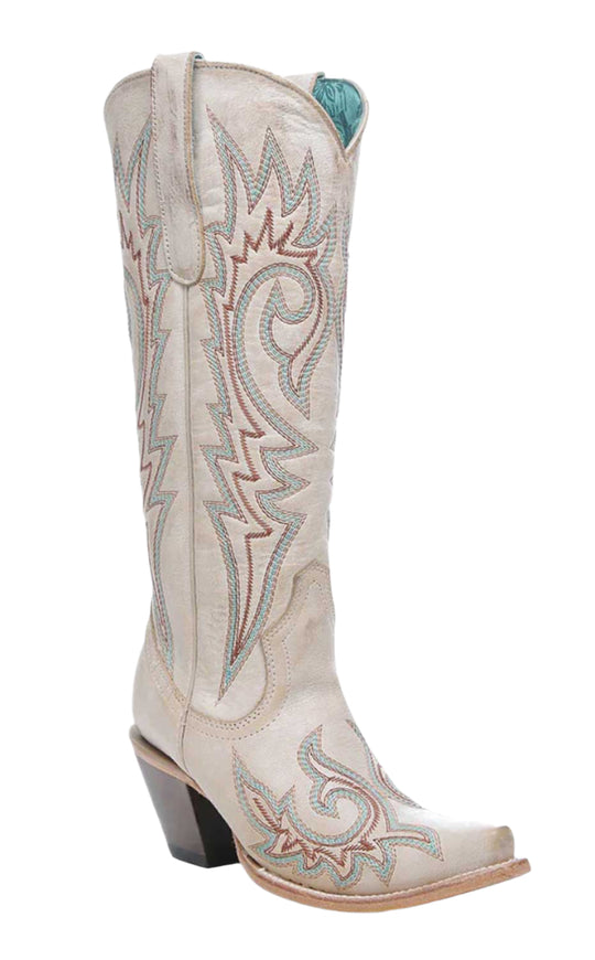 Corral Boots - Ladies Blue and Red Embroidery Bone Cowgirl Boots, Snip Toe