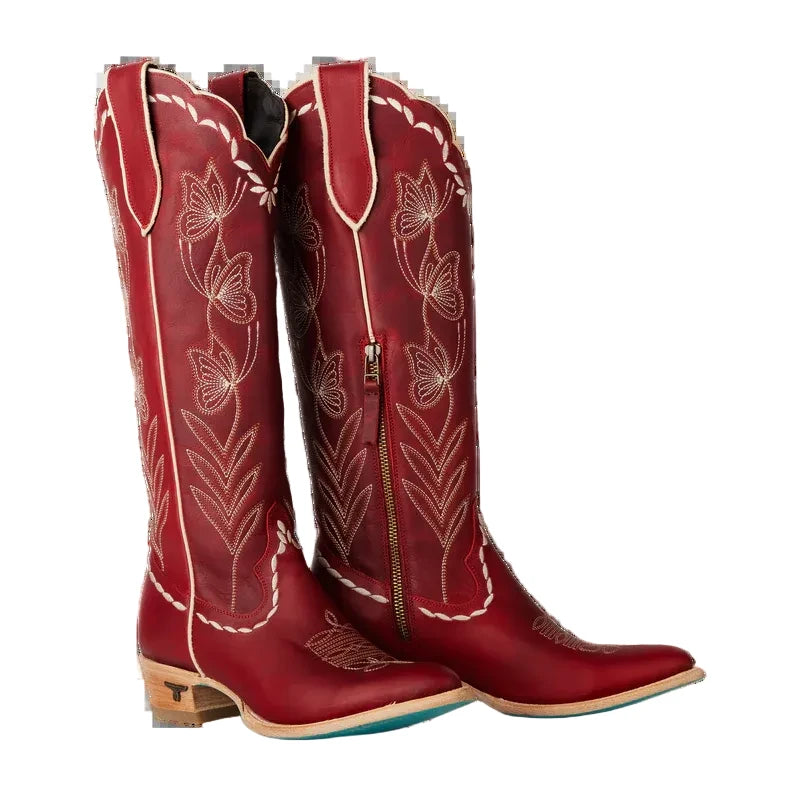Red cowboy boots with white embroidery on a white background