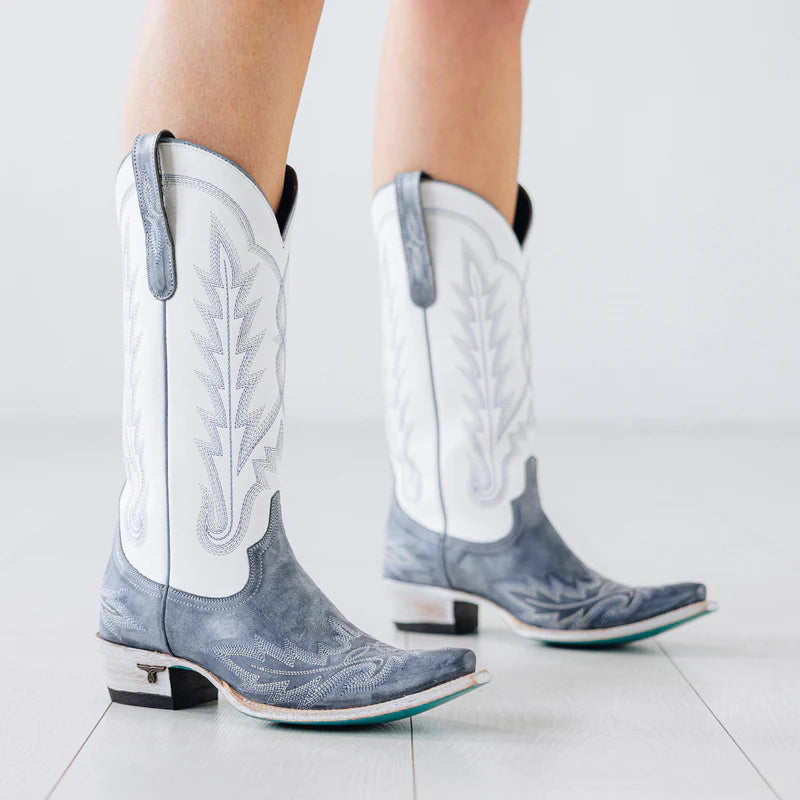 Lexington Washed Denim and Matte White boots on a white background