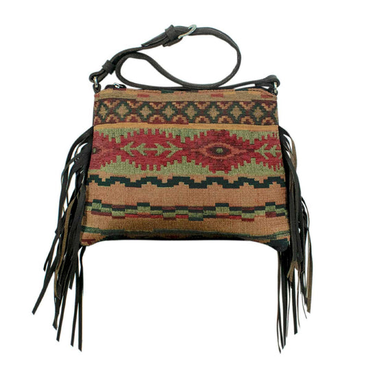 Hand Woven Tapestry Zip Top Shoulder Bag w/ Fringe