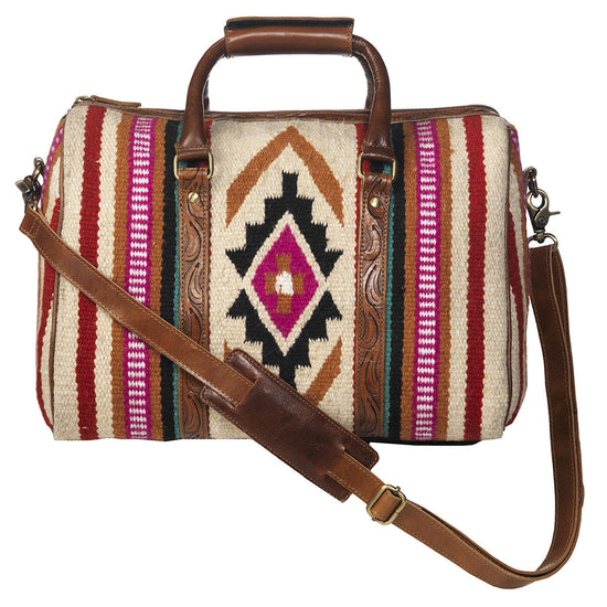 Load image into Gallery viewer, Southwestern Style Duffle Bag With Tooled Leather
