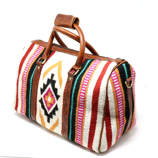 Southwestern Style Duffle Bag With Tooled Leather