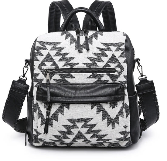 Load image into Gallery viewer, Amelia Aztec Convertible Backpack w/ Guitar Strap Black| White

