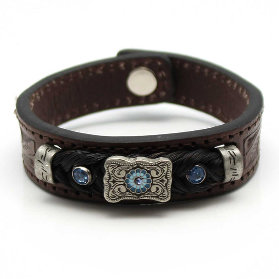 Stamped Leather & Black Horse Hair Bracelet With Metal Accents - Blue