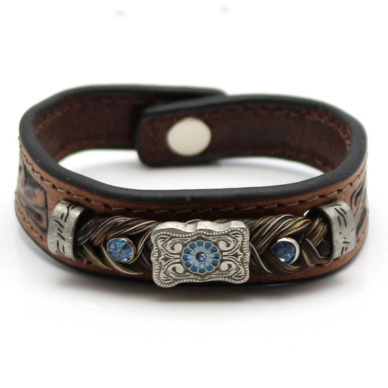 Load image into Gallery viewer, Stamped Leather &amp;amp; Brown Horse Hair Bracelet With Metal Accents - Blue
