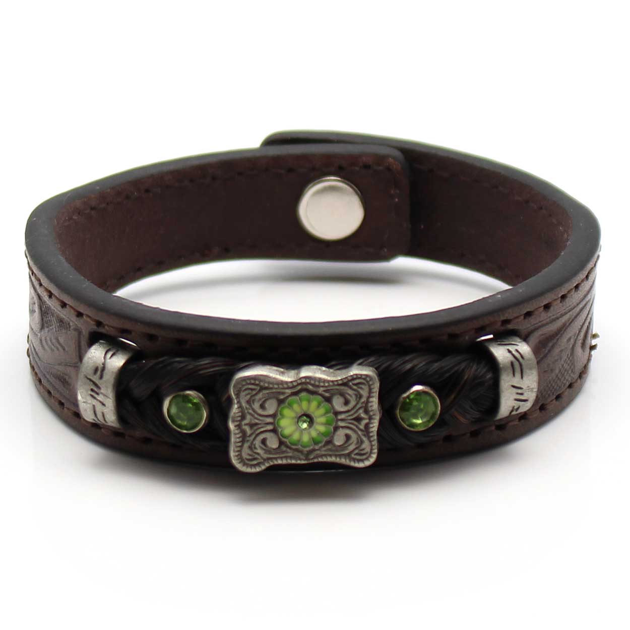 Load image into Gallery viewer, Stamped Leather &amp;amp; Black Horse Hair Bracelet With Metal Accents - Green

