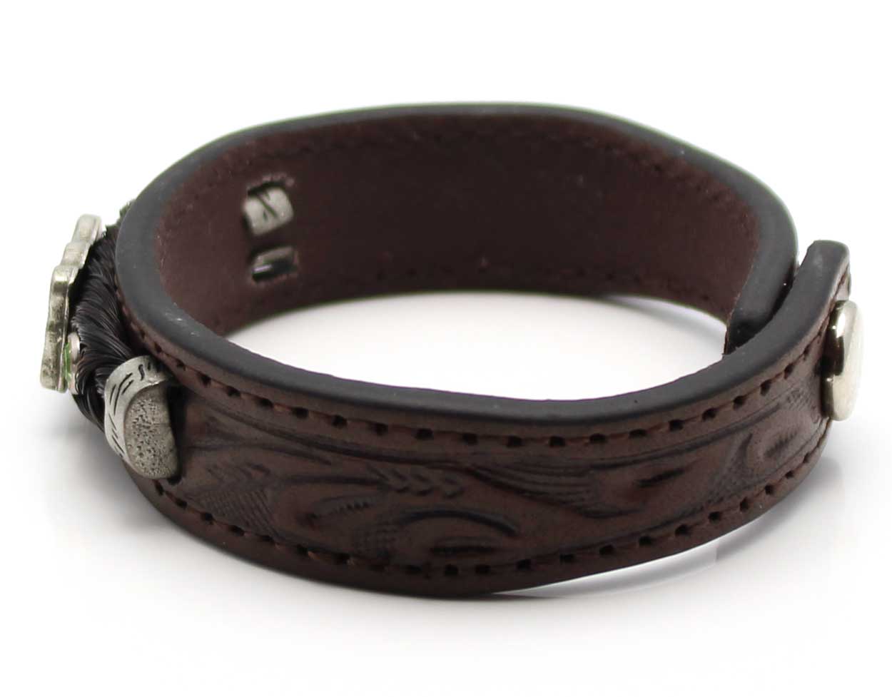 Load image into Gallery viewer, Stamped Leather &amp;amp; Black Horse Hair Bracelet With Metal Accents - Green
