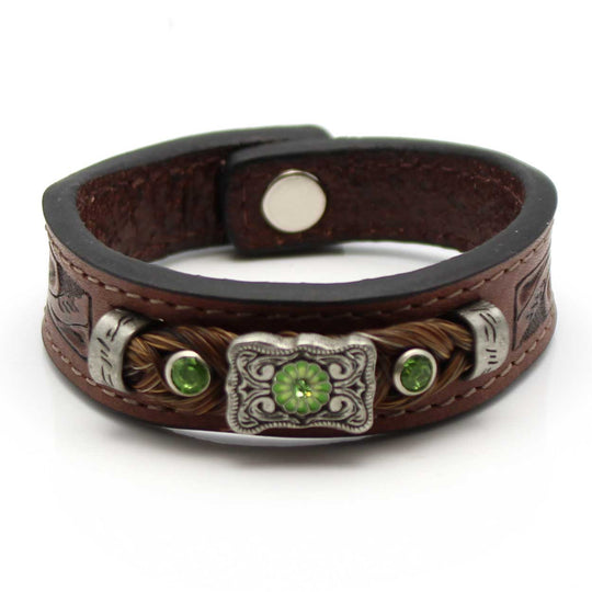 Stamped Leather & Brown Horse Hair Bracelet With Metal Accents - Green