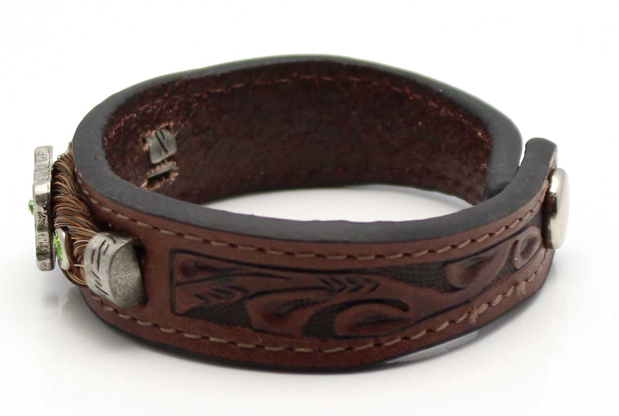 Stamped Leather & Brown Horse Hair Bracelet With Metal Accents - Green