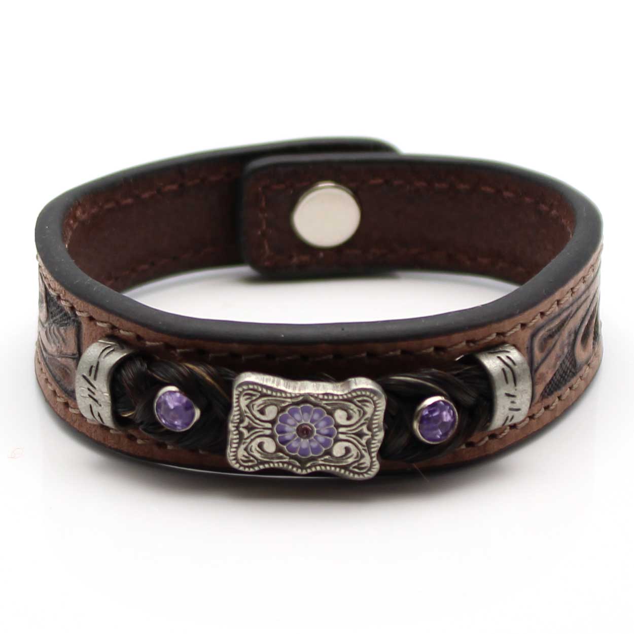 Stamped Leather & Black Horse Hair Bracelet With Metal Accents - Lilac
