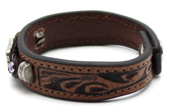 Stamped Leather & Black Horse Hair Bracelet With Metal Accents - Lilac