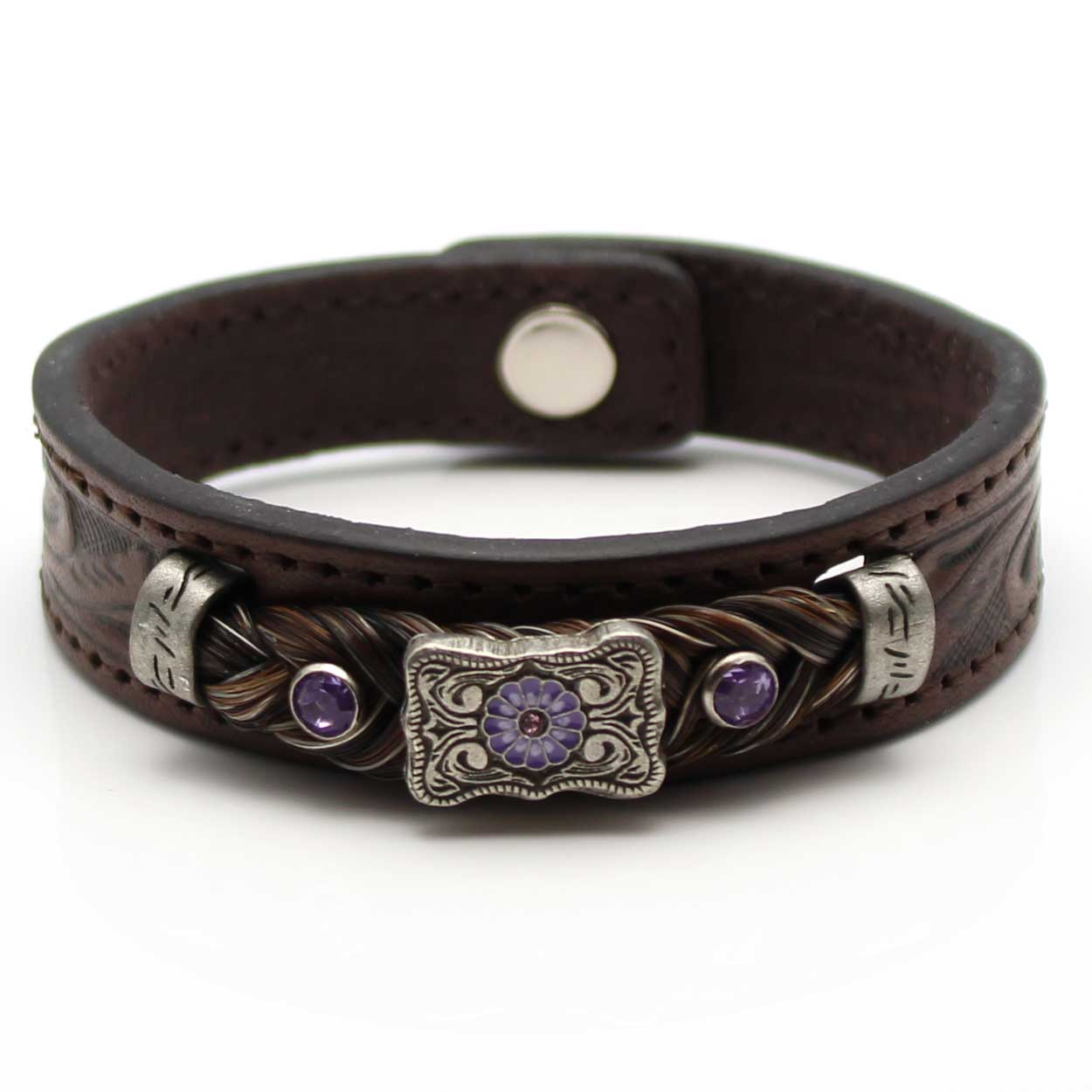 Stamped Leather & Brown Horse Hair Bracelet With Metal Accents - Lilac