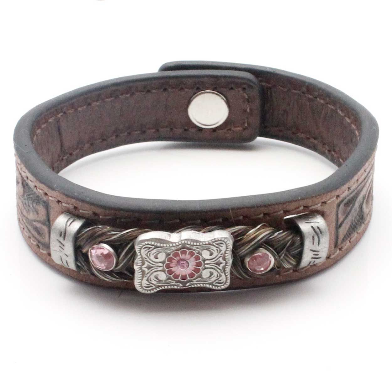 Stamped Leather & Black Horse Hair Bracelet With Metal Accents - Pink