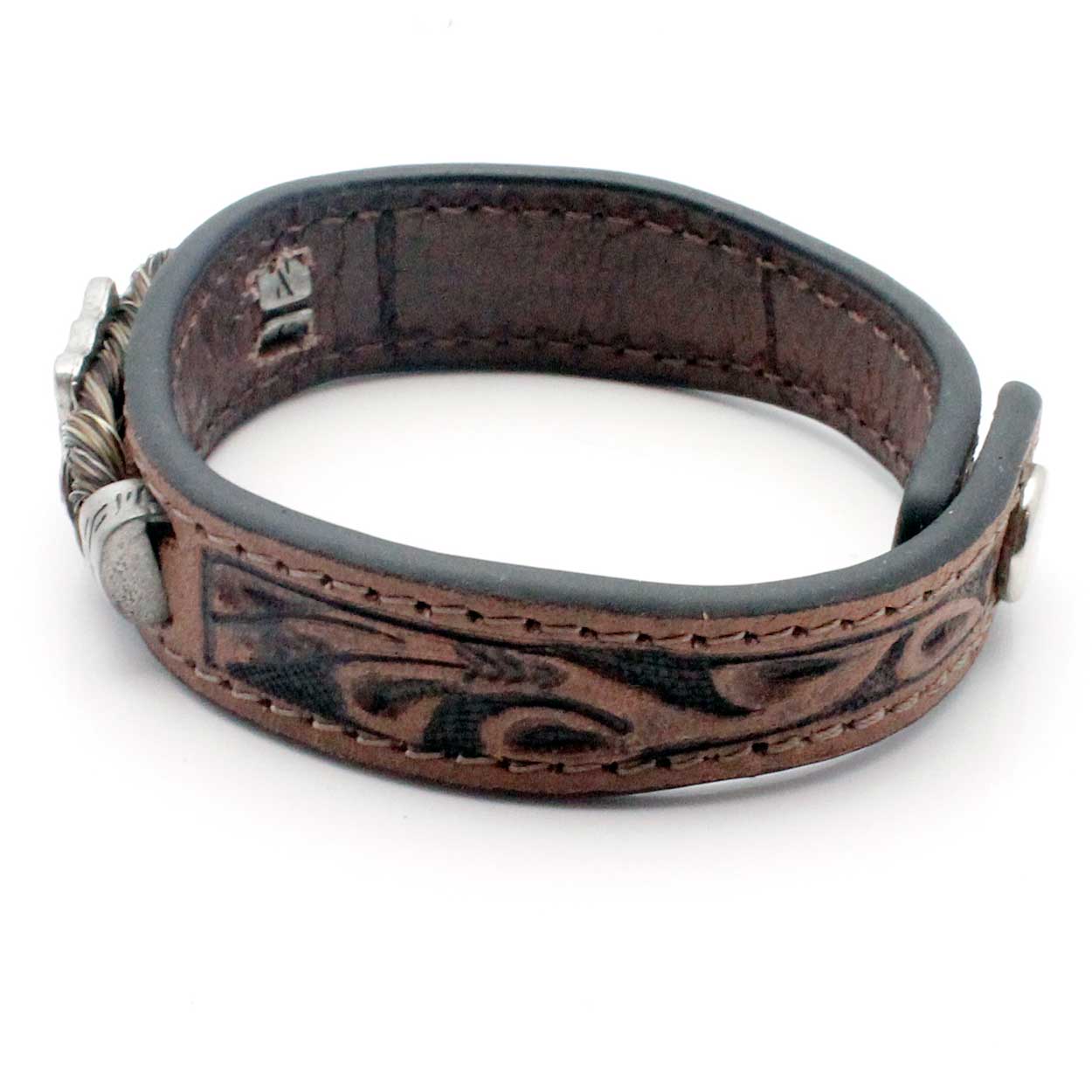 Stamped Leather & Black Horse Hair Bracelet With Metal Accents - Pink