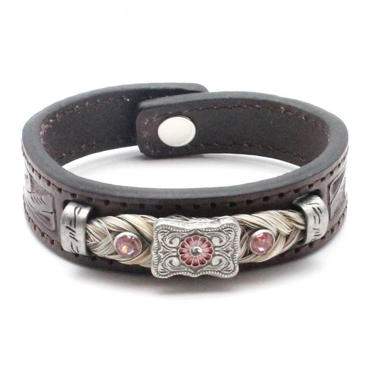 Stamped Leather & Horse Hair Bracelet With Metal Accents - Pink Small 7'