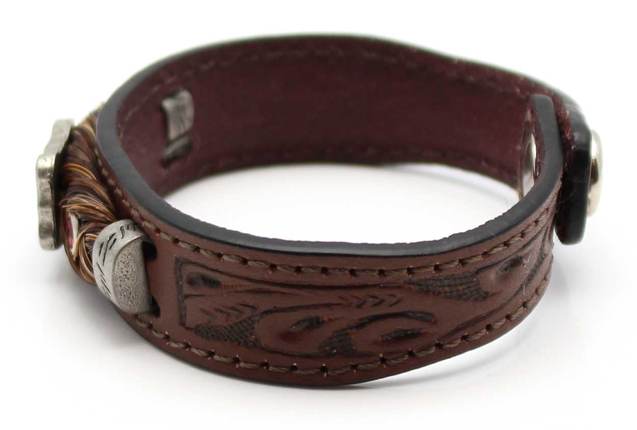 Load image into Gallery viewer, Stamped Leather &amp;amp; Brown Horse Hair Bracelet With Metal Accents - Red
