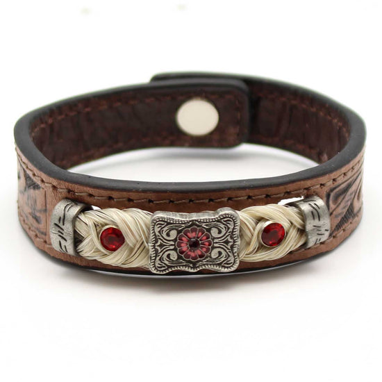Stamped Leather & Grey Horse Hair Bracelet With Metal Accents - Red