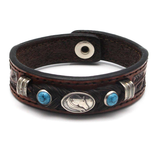 Hand Tooled Bracelet with Black Horse Hair