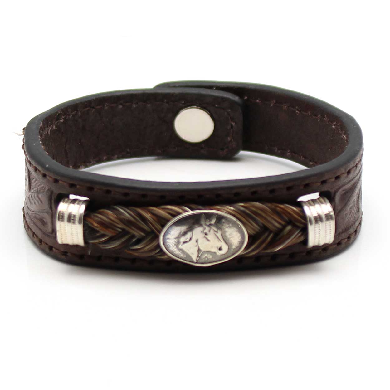 Mixed Color Horse & Tooled Leather Bracelet With Concho - Size Small 7"