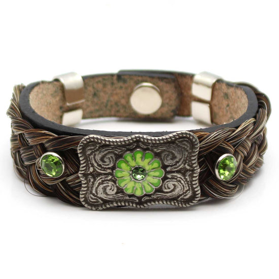 Leather & Brown Horse Hair Bracelet Metal & Gemstone Accents -Green