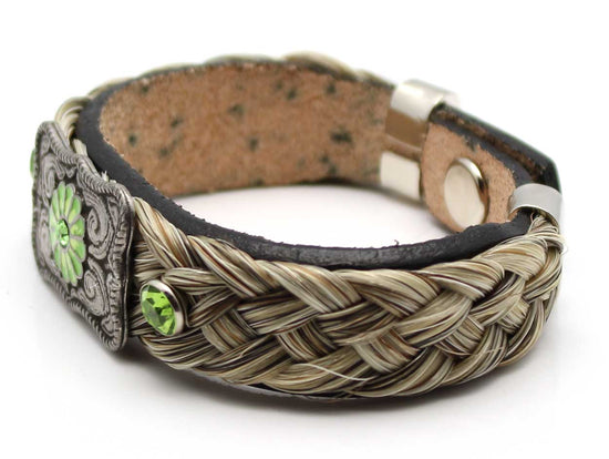 Load image into Gallery viewer, Leather &amp;amp; Grey Horse Hair Bracelet Metal &amp;amp; Gemstone Accents - Green
