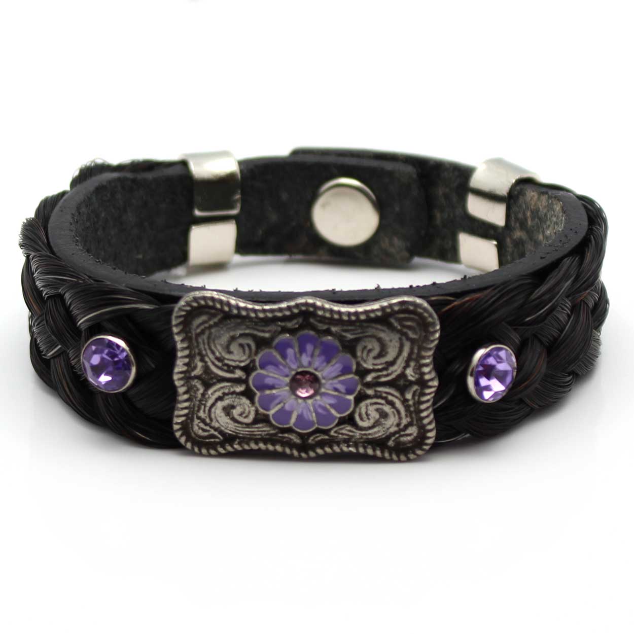 Leather & Black Horse Hair Bracelet Metal & Gemstone Accents - Lilac