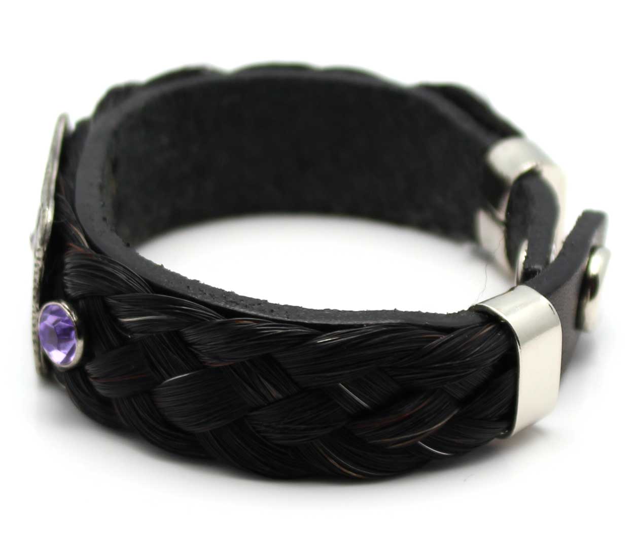 Leather & Black Horse Hair Bracelet Metal & Gemstone Accents - Lilac