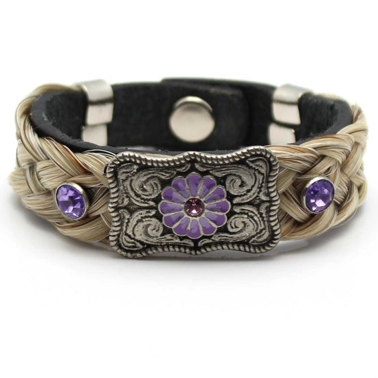 Load image into Gallery viewer, Leather &amp;amp; Grey Horse Hair Bracelet Metal &amp;amp; Gemstone Accents - Lilac
