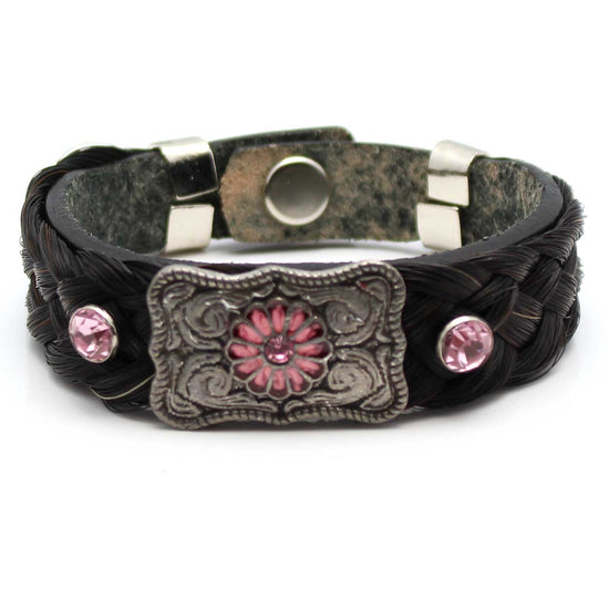 Leather & Black Horse Hair Bracelet Metal & Gemstone Accents - Pink Small 7"