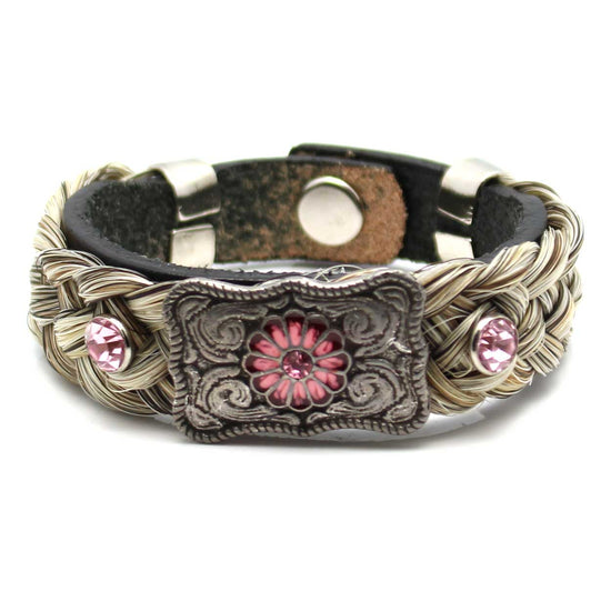 Leather & Grey Horse Hair Bracelet Metal & Gemstone Accents - Pink Size Small 7"