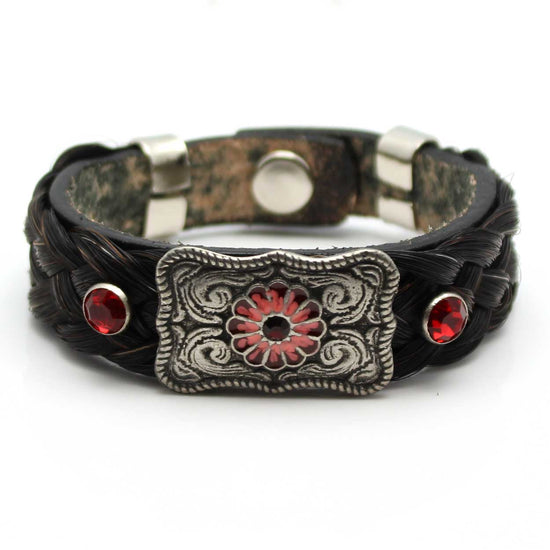 Leather & Black Horse Hair Bracelet Metal & Gemstone Accents - Red