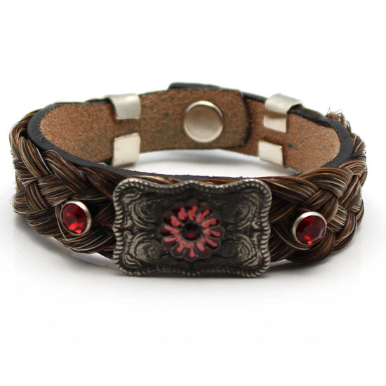 Leather & Brown Horse Hair Bracelet Metal & Gemstone Accents -Red