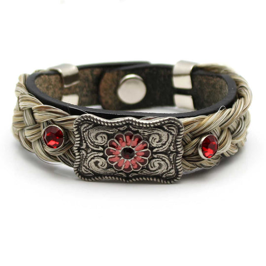 Leather & Grey Horse Hair Bracelet Metal & Gemstone Accents - Red