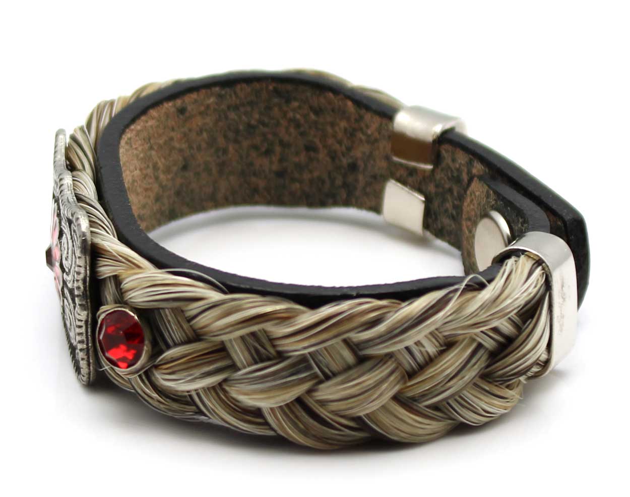 Leather & Grey Horse Hair Bracelet Metal & Gemstone Accents - Red