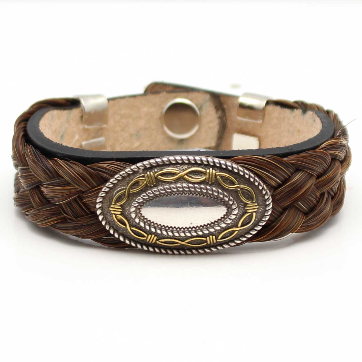 Load image into Gallery viewer, Brown Horsehair &amp;amp; Leather Bracelet With Oval Concho
